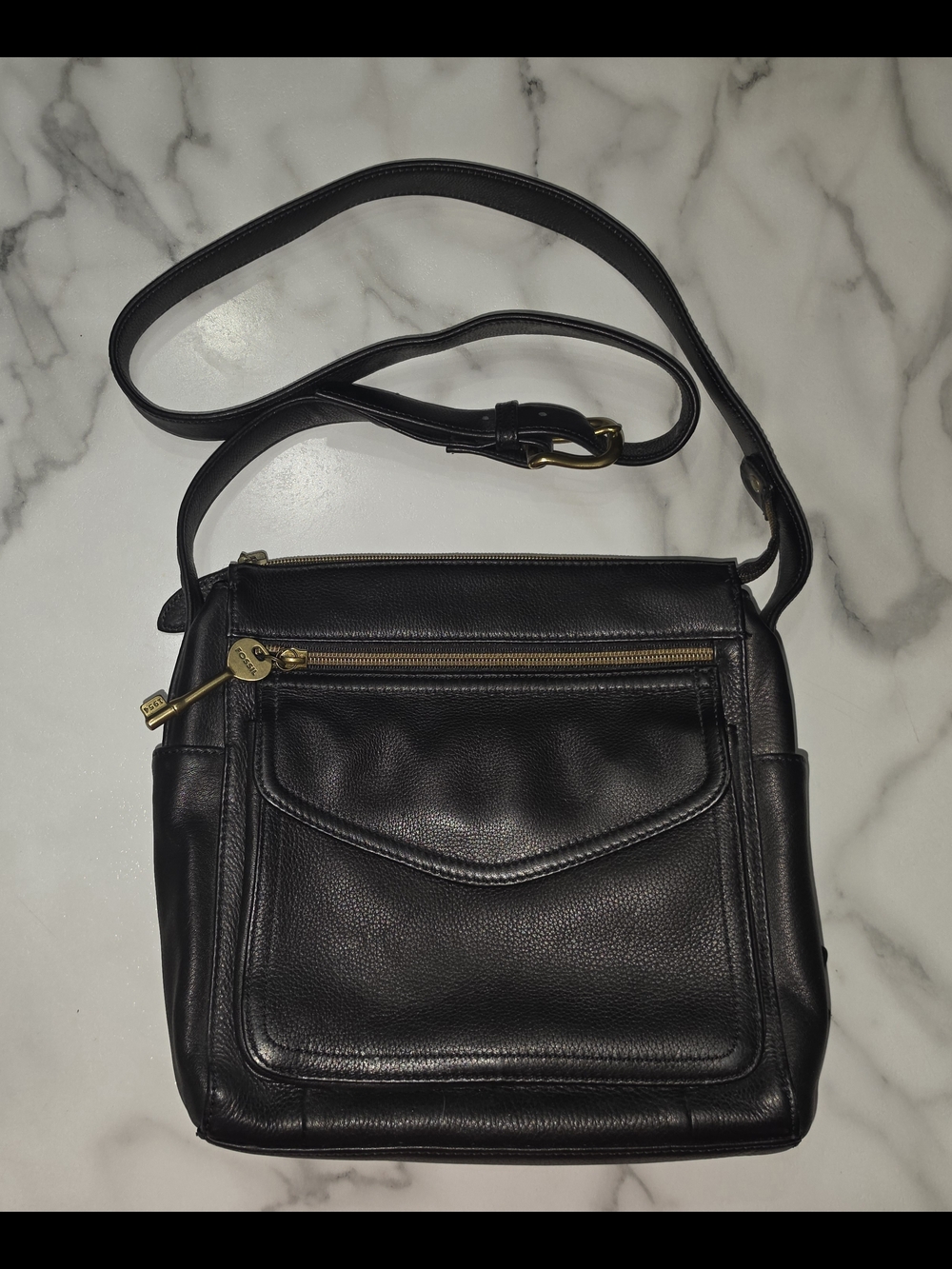 Fossil Black Leather Crossbody Bag with Gold Hardware